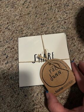 Rae Dunn White hard plastic 'SHARE' Coaster Set with Jute Tie